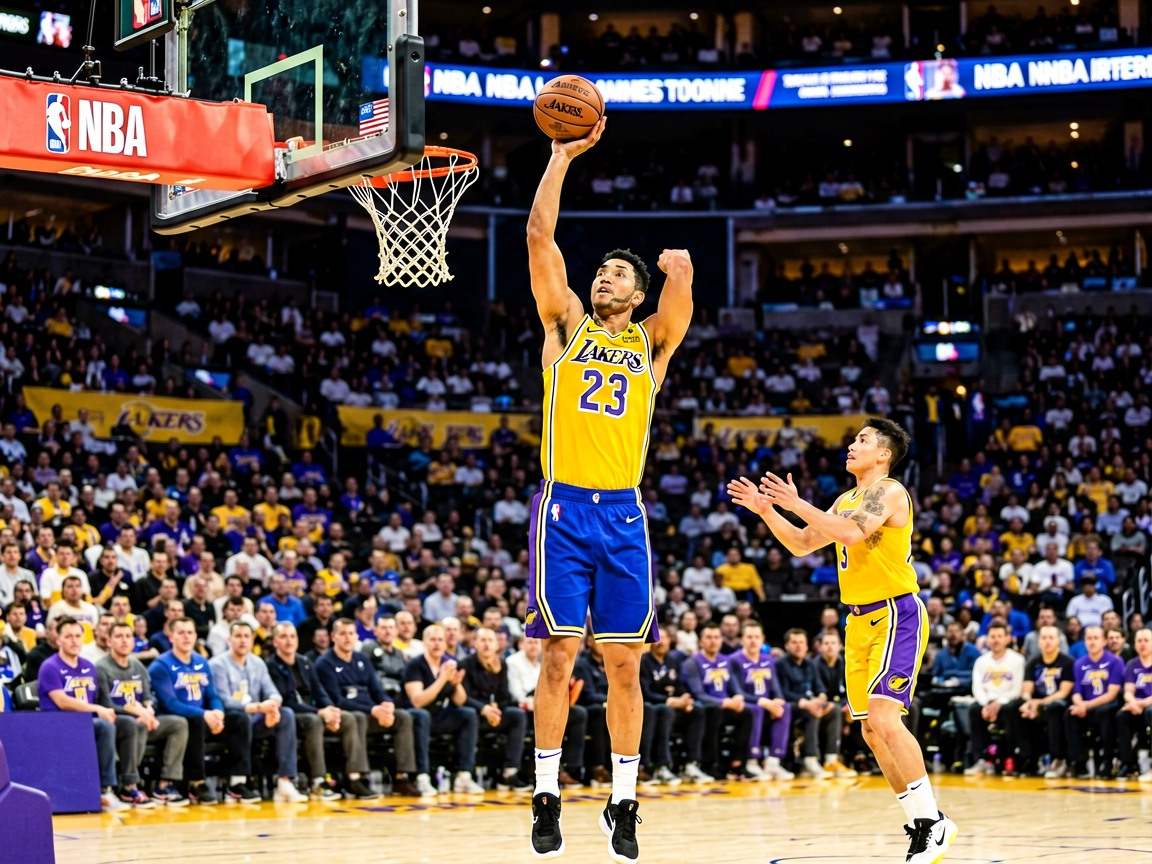 NBA篮球比赛现场，球员在三分线外完成投篮